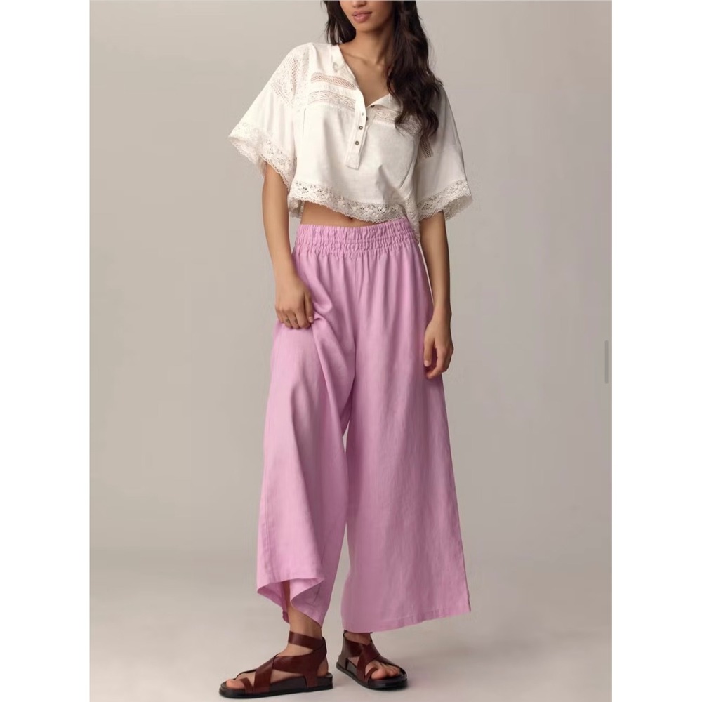 Anthropologie Pink 100% Linen Cropped Wide Leg Smocked Waist Culotte Pants Small